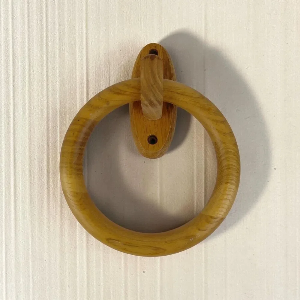 Vtg 80's Oak Wood Towel Ring  Wall Mount Farmhouse Country